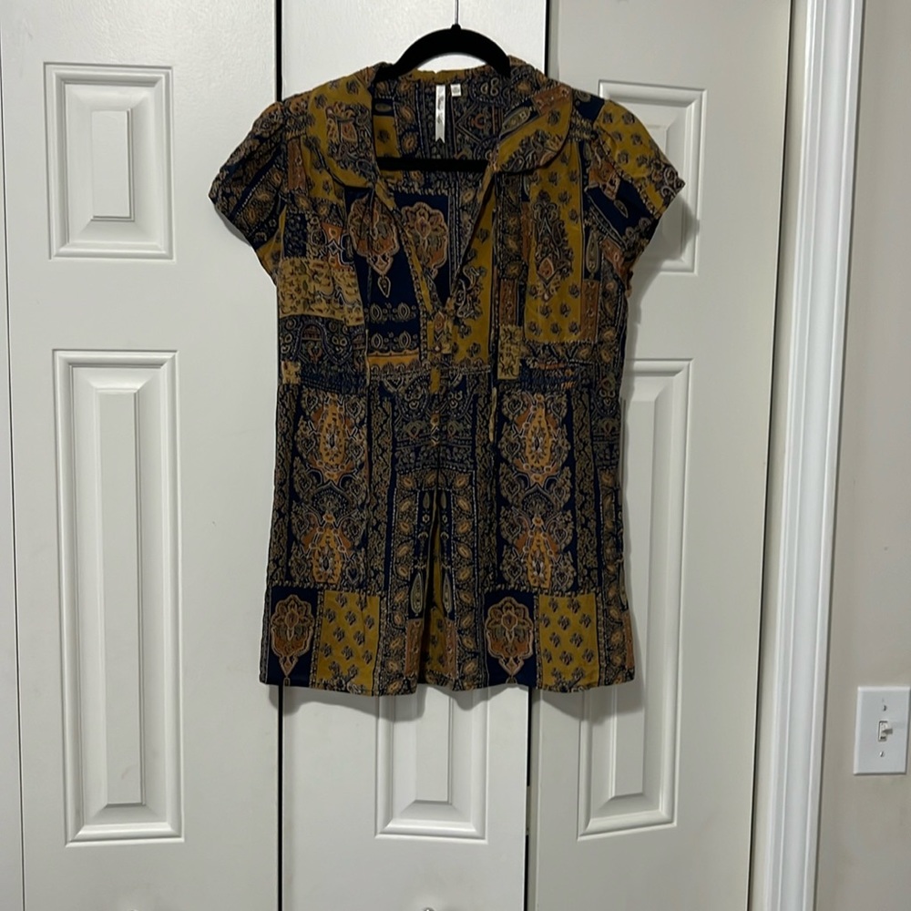 8Pcs Navy Abstract Print Gold Dotted Blouse main image 1